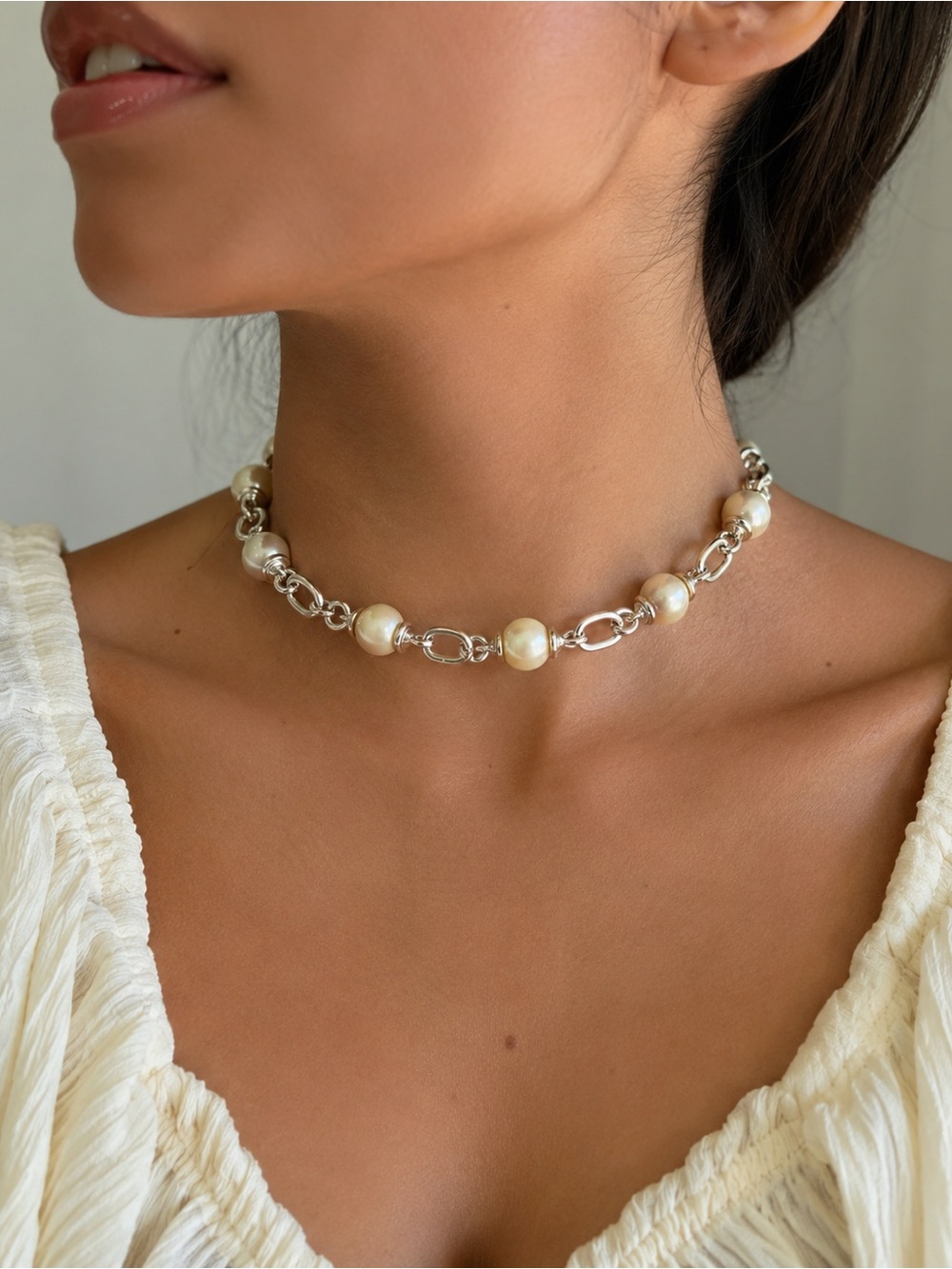 Majorica Pearl Station Link Choker Necklace Silver Tone Toggle Spain NWT